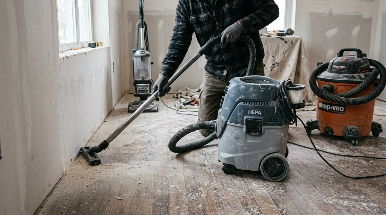 HEPA vacuum, shop vacuum, and household vacuum compared for drywall dust cleanup