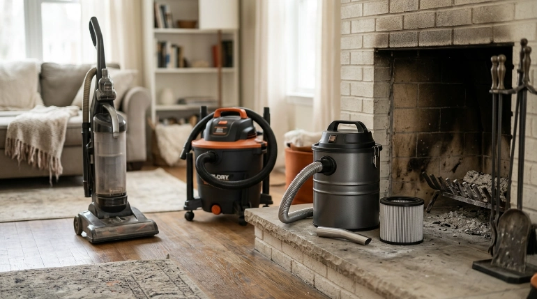 Household, shop, and dedicated ash vacuums compared beside a completely cold fireplace