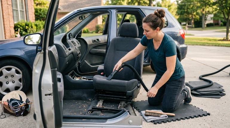 Person vacuuming car seats first with mats removed before cleaning carpets and tight gaps