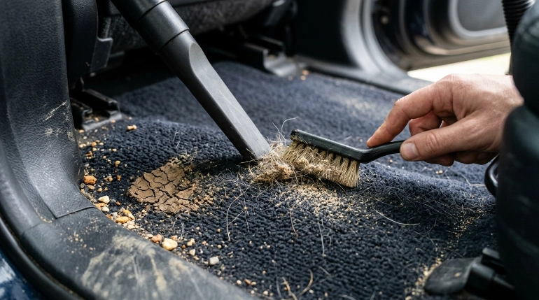 Brush and vacuum loosening sand, pet hair, dried mud, and crumbs embedded in car carpet