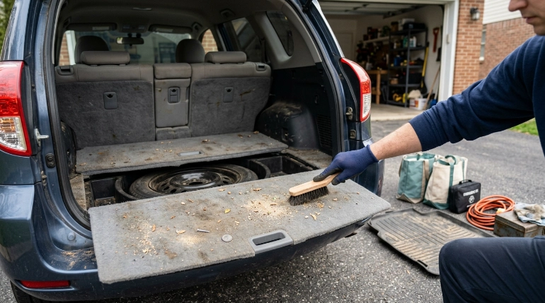 Preparing to vacuum the trunk by removing cargo, lifting the floor panel, and brushing loose grit