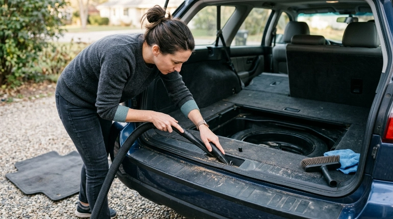 Person using a crevice tool to vacuum the trunk carpet edge during a complete step-by-step cleaning