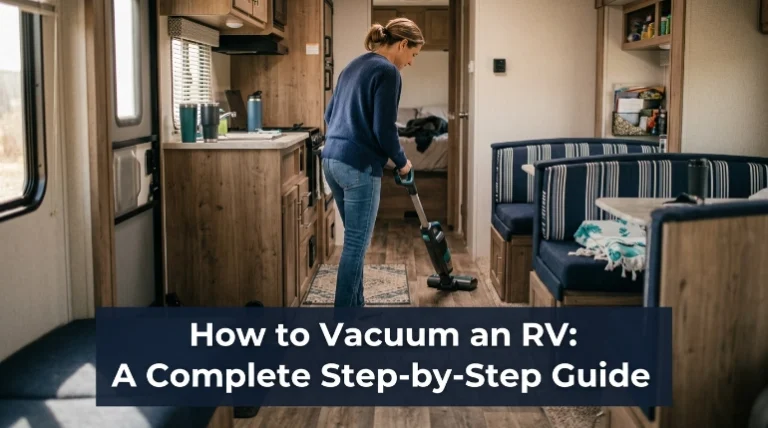 RV owner using a cordless vacuum while following a complete how to vacuum an RV routine
