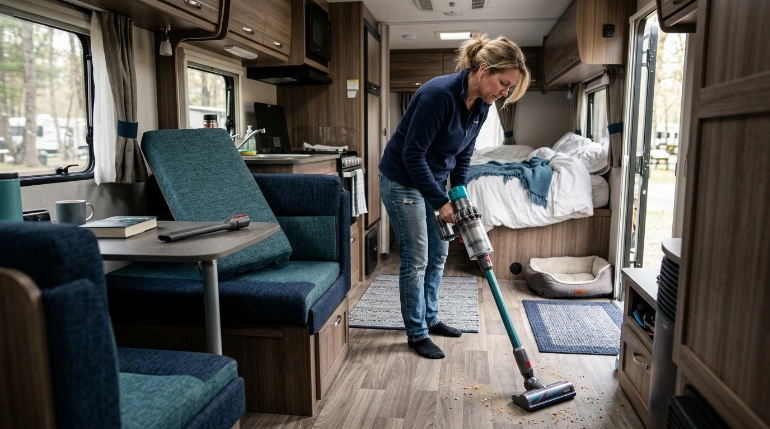 RV owner vacuuming from the rear toward the door during a step-by-step RV cleaning routine