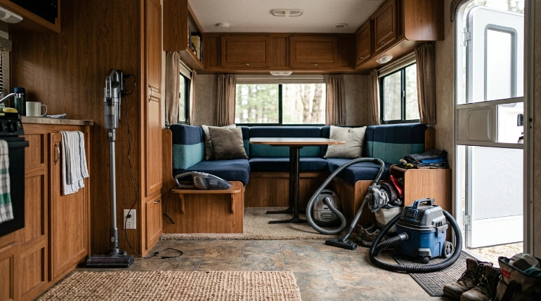 Four RV vacuum types including cordless stick, handheld, compact canister, and wet dry vacuum