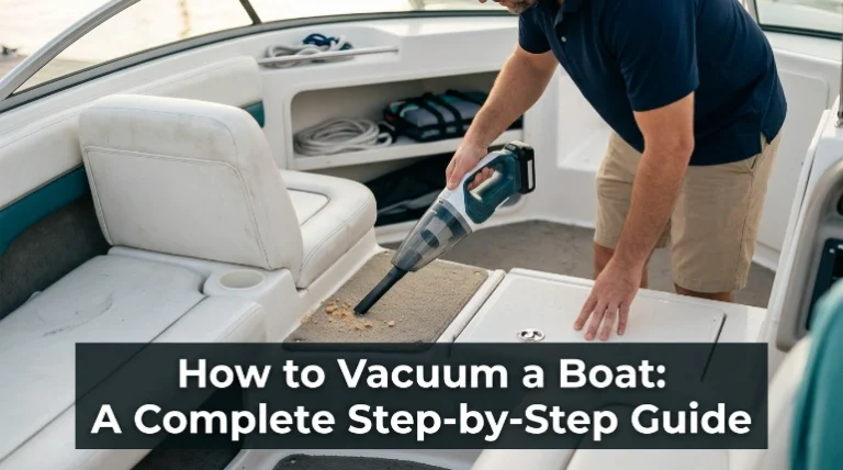 How to vacuum a boat interior using a cordless vacuum on seats, carpet, and deck