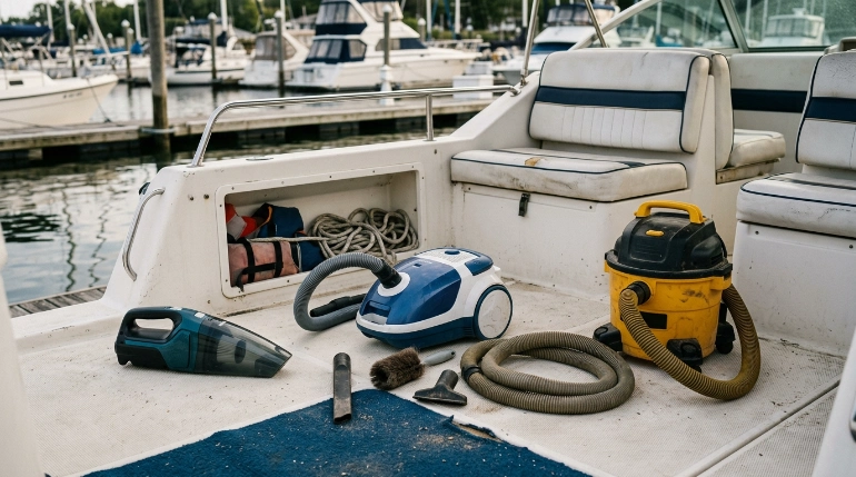 Boat vacuum options including cordless handheld, canister, wet dry vacuum, and cleaning attachments
