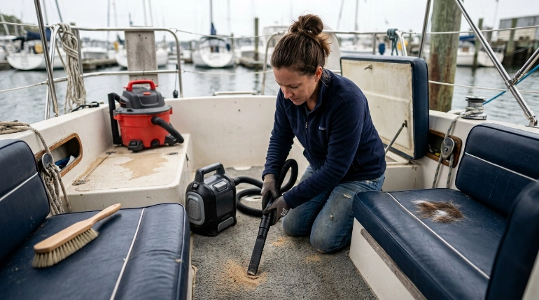 How to vacuum a boat with sand, pet hair, damp carpet, and upholstery needing cleaning