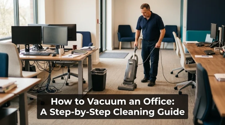 How to vacuum an office using an upright vacuum across low-pile carpet and desk areas