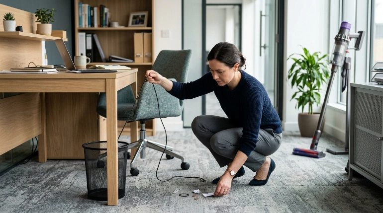 How to vacuum an office preparation with cables lifted, loose debris removed, and furniture moved