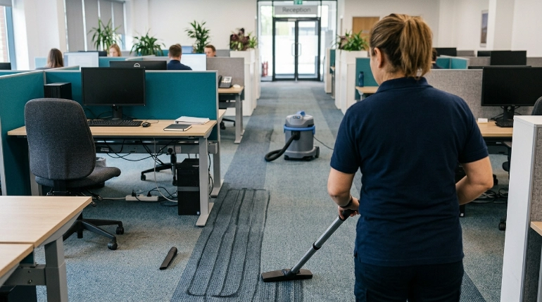 How to vacuum an office step by step with overlapping carpet passes between desks and chairs