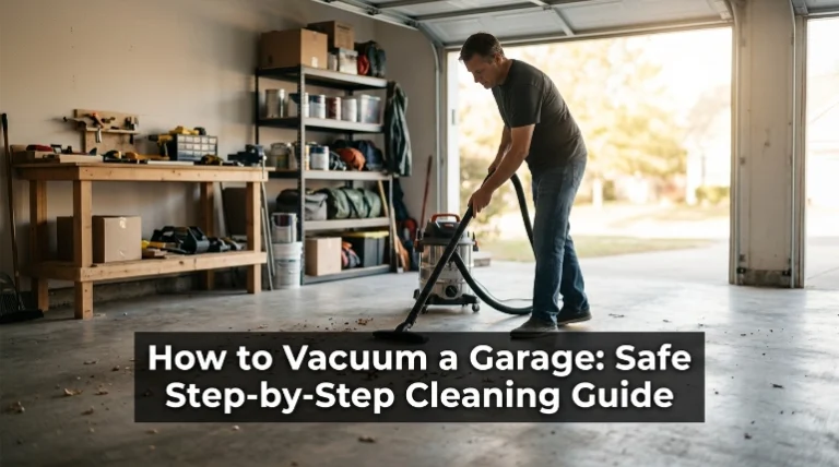 Homeowner learning how to vacuum a garage safely with a wet/dry vacuum on concrete flooring