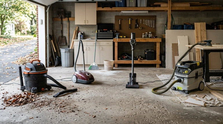 Wet/dry, household, cordless, and HEPA vacuum types shown for different garage cleaning jobs