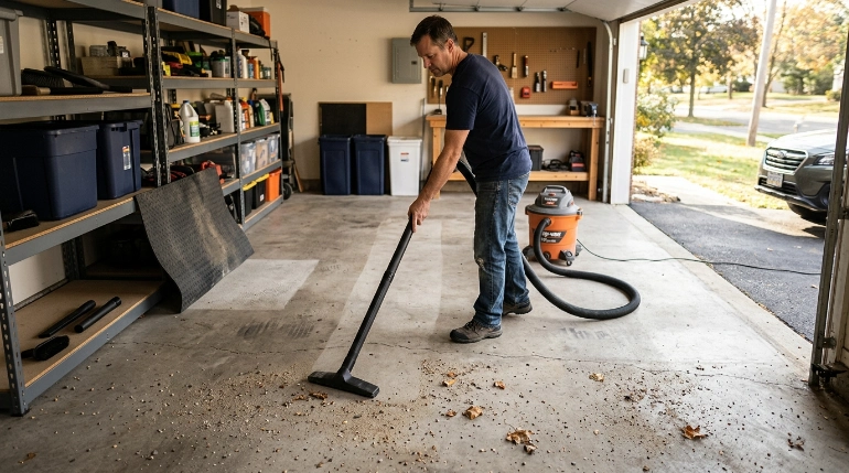 Homeowner vacuuming a garage floor in steady lanes from the back toward the open garage door