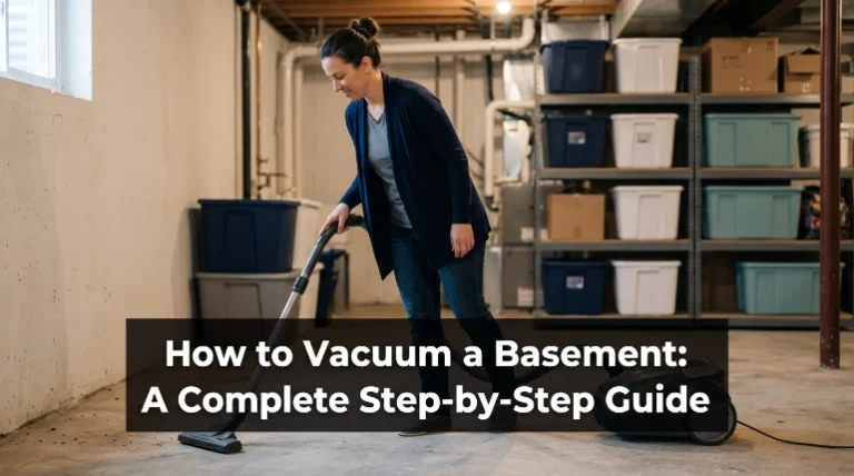 How to vacuum a basement with a canister vacuum, storage bins, and clean concrete floor.