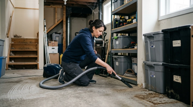 How to vacuum a basement step by step using crevice tools, overlapping passes, and edge cleaning.