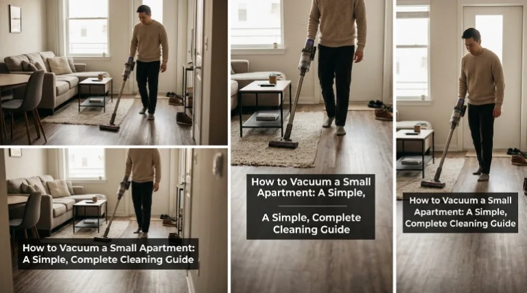 Person learning how to vacuum a small apartment with a compact cordless vacuum