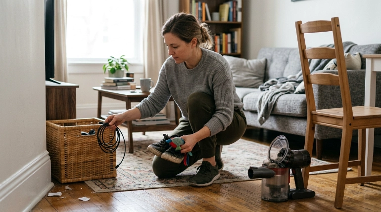 Resident clearing cables and checking a vacuum before cleaning a small apartment