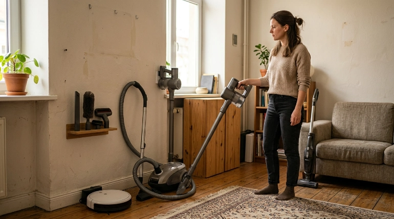 Stick, canister, upright, and robot vacuums arranged inside a compact apartment