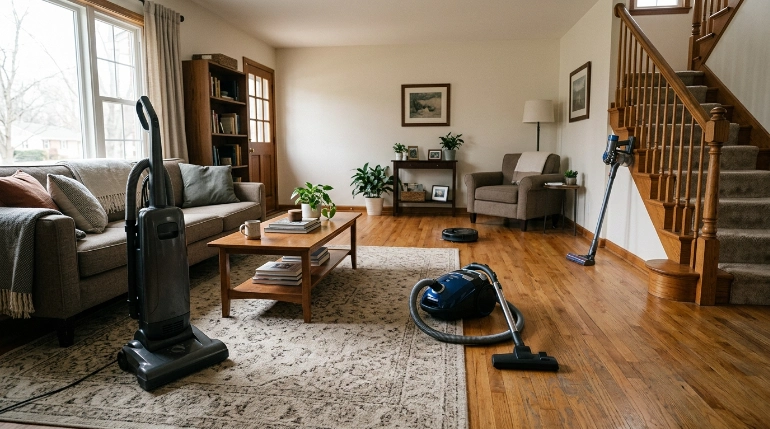 Upright, canister, cordless stick, and robot vacuums shown in a spacious mixed-floor home.