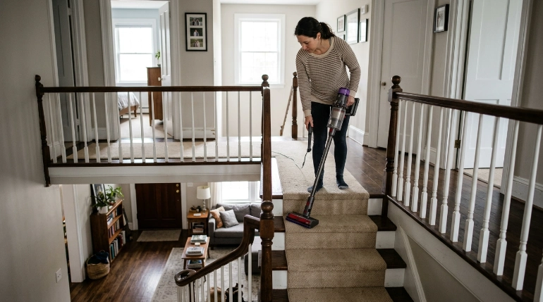 Homeowner vacuuming stairs while moving from upstairs rooms toward lower living areas.