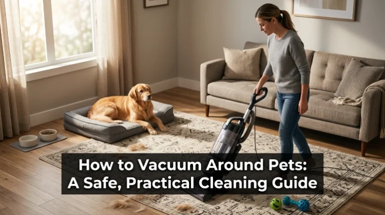 How to vacuum around pets safely in a lived-in home with a relaxed dog nearby