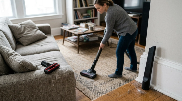 How to vacuum around pets with floor, upholstery, and crevice vacuum attachments