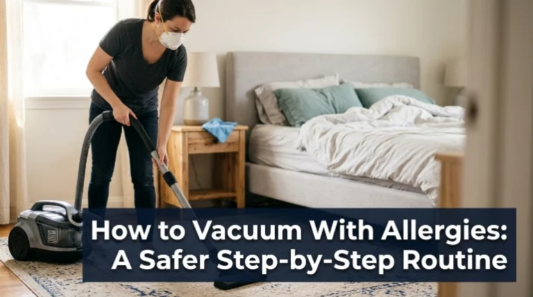 How to vacuum with allergies using an N95 mask and slow passes on a bedroom rug