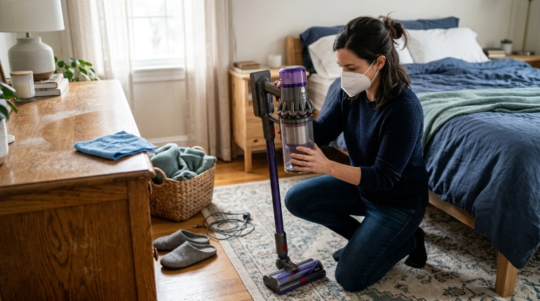 How to vacuum with allergies by damp-dusting, clearing clutter, checking filters, and wearing an N95