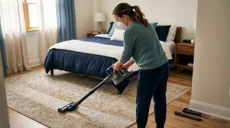 How to vacuum with allergies using slow overlapping passes, edge tools, and an N95 mask