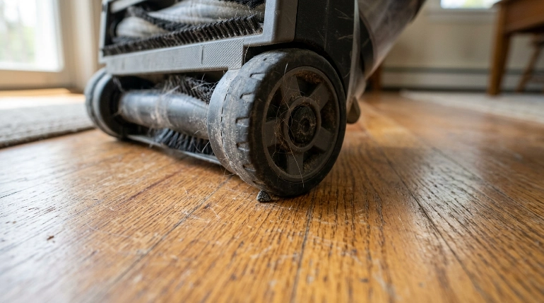 Grit trapped beside a vacuum wheel showing how hardwood floor scratches can occur