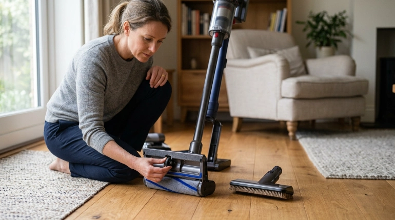 Homeowner checking soft floor head and clean vacuum wheels before cleaning hardwood