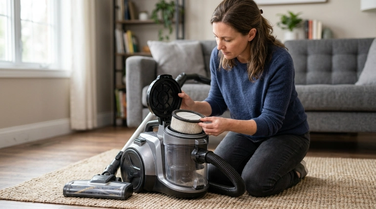 Homeowner checks vacuum filter, seals, hose and dust bin before cleaning