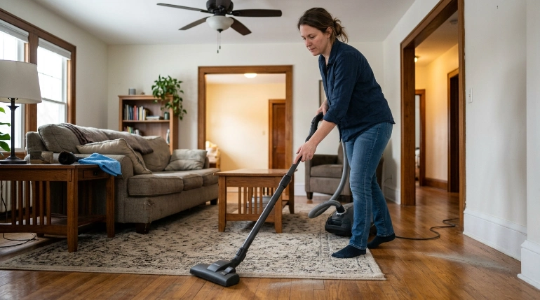 Homeowner vacuums slowly with overlapping passes after cleaning higher surfaces firs