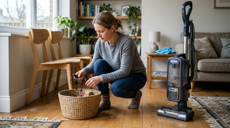 How to vacuum efficiently by clearing cords, moving chairs, and preparing the room first