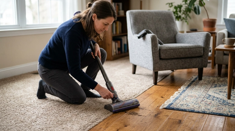 How to vacuum efficiently by changing technique between carpet, hardwood, rugs, and upholstery