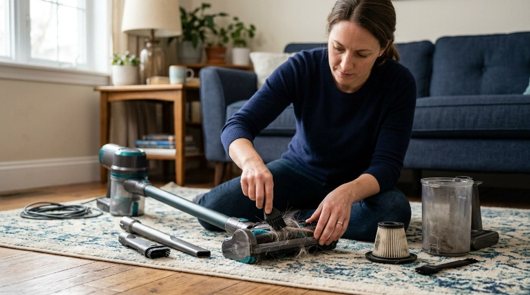Homeowner using straight overlapping passes to vacuum faster from room corner toward doorway