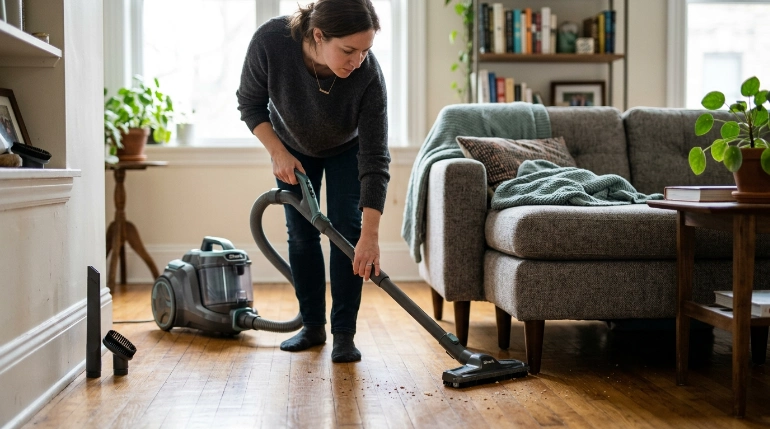 Person learning how to vacuum quietly with slow passes and a hard-floor vacuum head