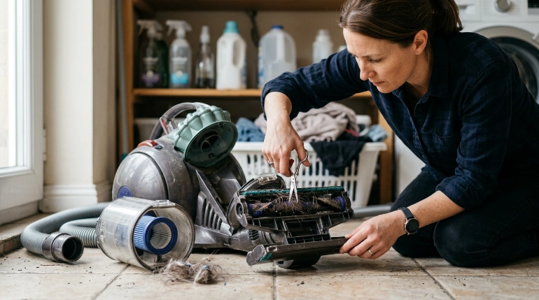 How to vacuum quietly by checking filters, hose blockages, and hair around the brush roll