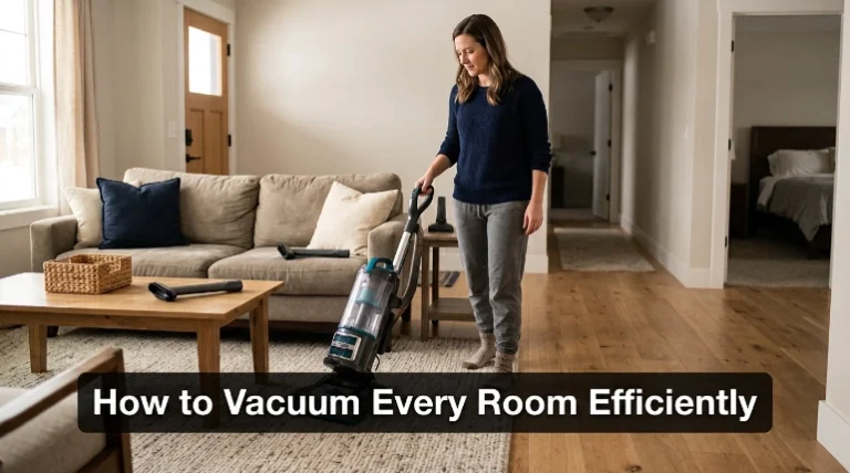 Homeowner showing how to vacuum every room efficiently with slow overlapping floor passes