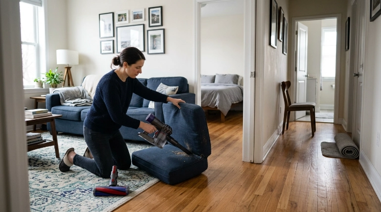 Room-by-room vacuuming of sofa seams, bedroom floors, hallway edges, and high-traffic areas