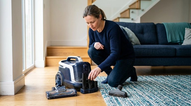 Homeowner selecting vacuum attachments for hardwood, rugs, upholstery, edges and stairs