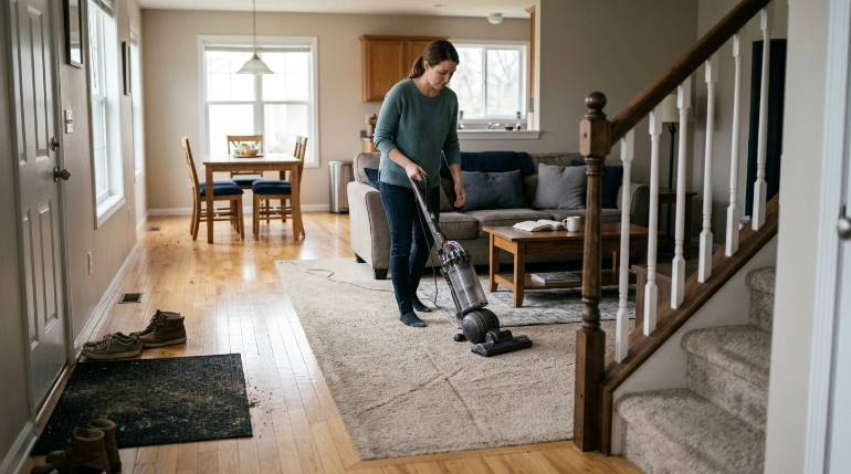 High-traffic entryway, living room, stairs and dining area showing different vacuuming needs