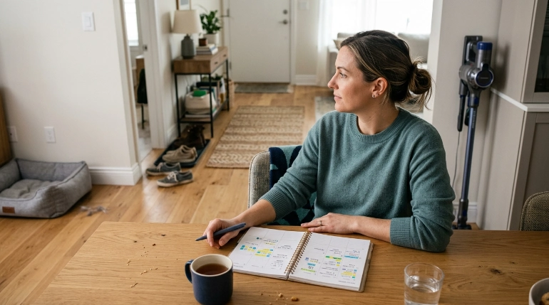Homeowner planning weekly vacuum zones using a simple household cleaning schedule