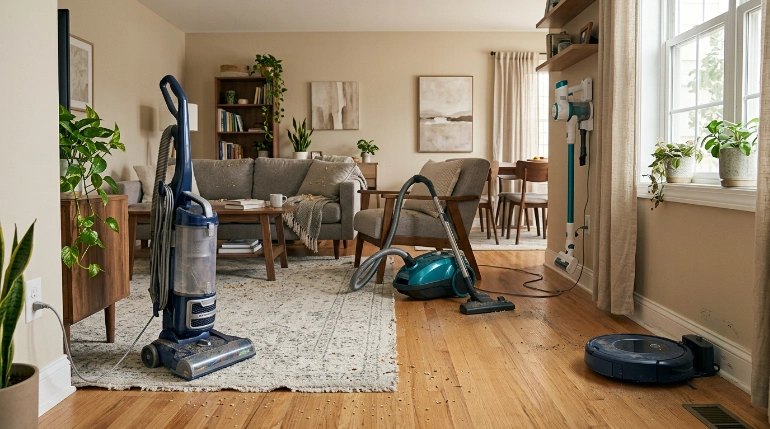 Upright, canister, cordless stick, and robot vacuums shown for maintenance comparison