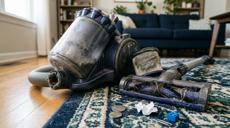 Full dust bin, dirty filter, clogged hose, and tangled brush roll shortening vacuum lifespan