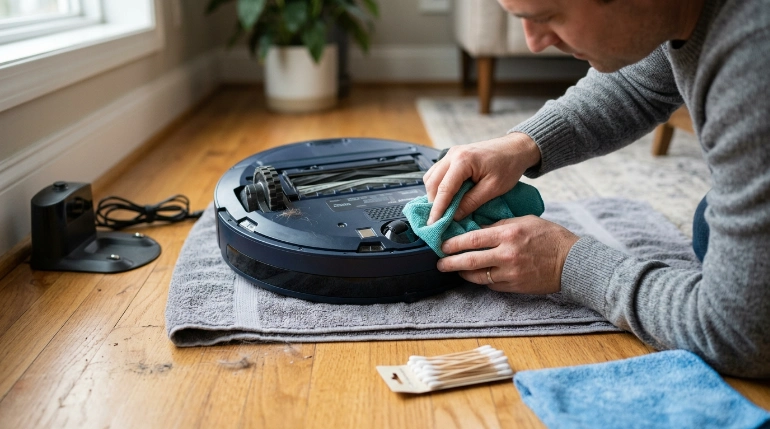How to clean vacuum sensors using dry microfiber cloth and cotton swab on a robot vacuum