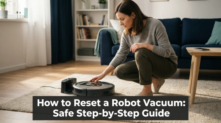 Robot vacuum beside charging dock showing how to reset a robot vacuum safely