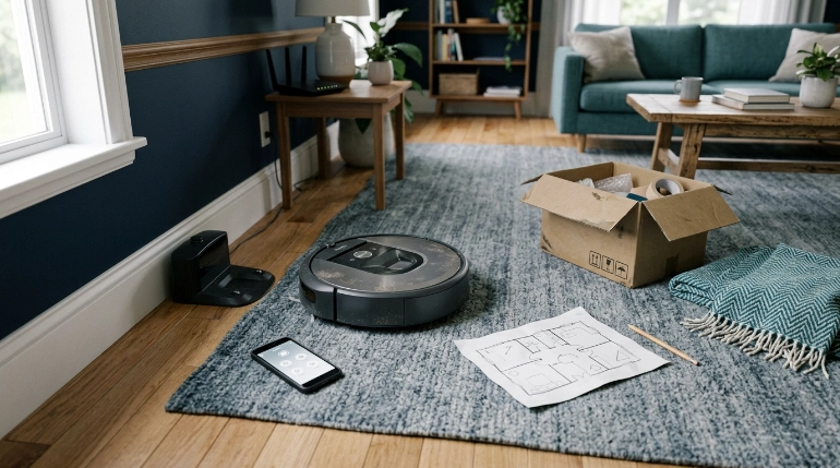 Robot vacuum scene representing reboot, Wi-Fi, map, and factory reset choices