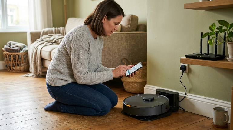 Docked robot vacuum charging while homeowner checks Wi-Fi before a firmware update
